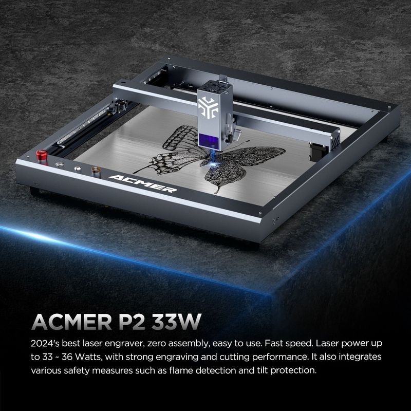 ACMER P2 33W เครื่องตัดเลเซอร์เครื่องฉลาก เครื่องฉลากเลเซอร์โต๊ะไม้และเครื่องตัด ความเร็วสูง 30000 มม / นาที